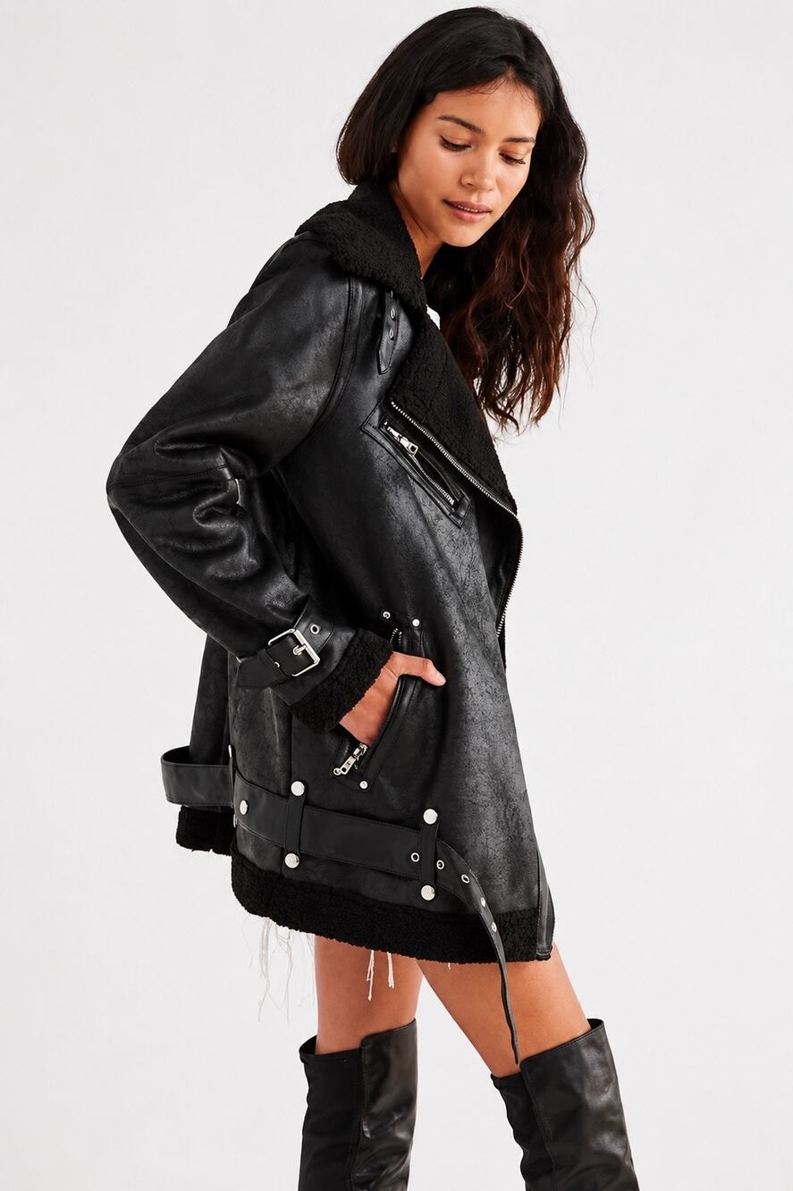 Avec Les Filles Boyfriend Biker Jacket Black Faux Shearling Moto Medium